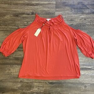 Sofie Max Shirt Women's L Coral Boho Peasant 3/4 Sleeve Smocked Cold Shoulde NEW